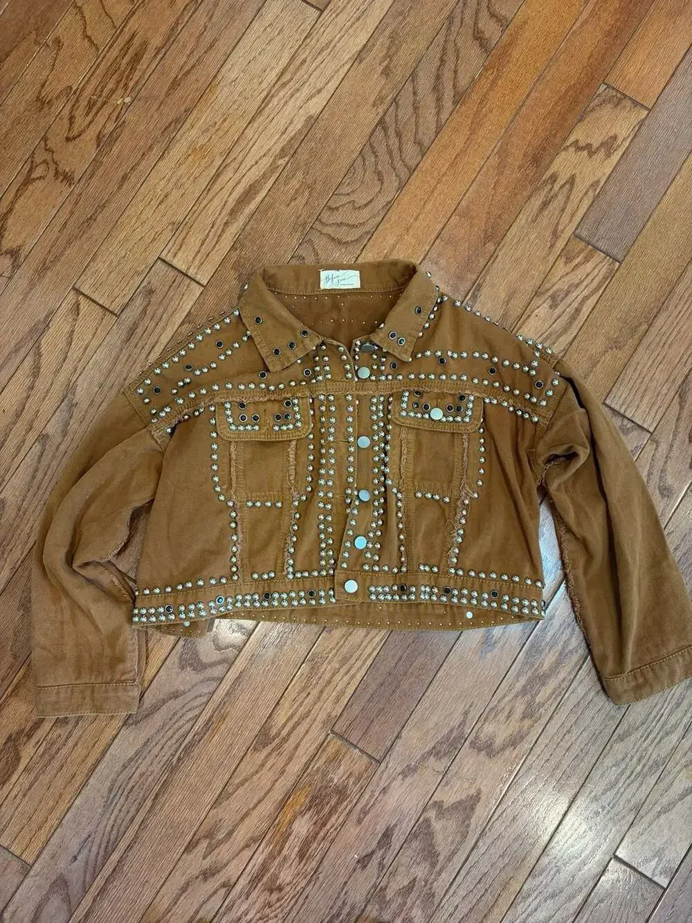 Before You Studded Raw Hem Cropped Denim Jacket